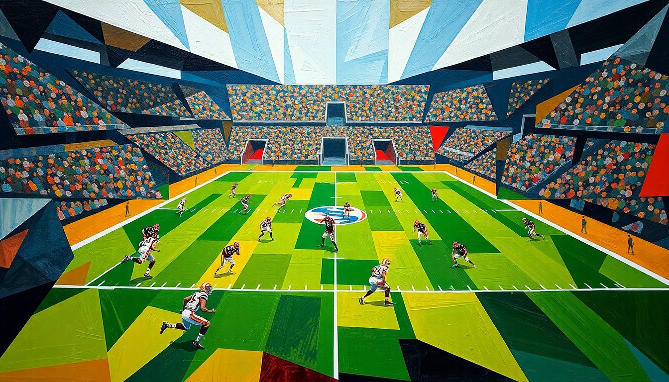 A fractured, cubist-style painting depicting a football game, with players and the field reduced to abstract geometric shapes and colors, capturing the raw energy and dynamics of the sport.