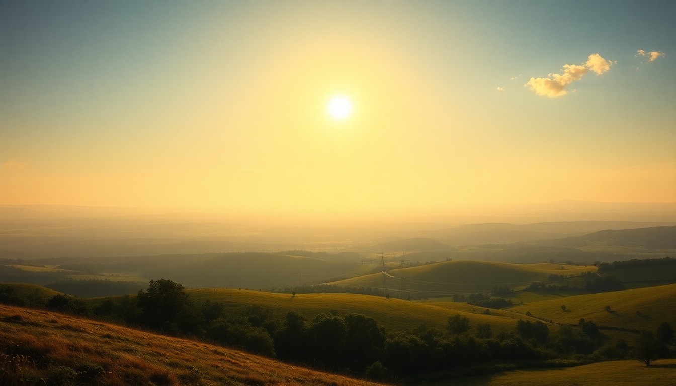 A vast, atmospheric landscape painting in muted tones of green, gold, and blue, capturing the tranquil beauty of central Florida's countryside under the warm, hazy glow of the sun.