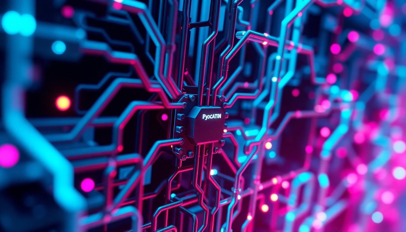 A visually striking 3D illustration depicting a complex, glowing cybernetic infrastructure, representing the technological advancements and competition shaping the mobile app landscape.