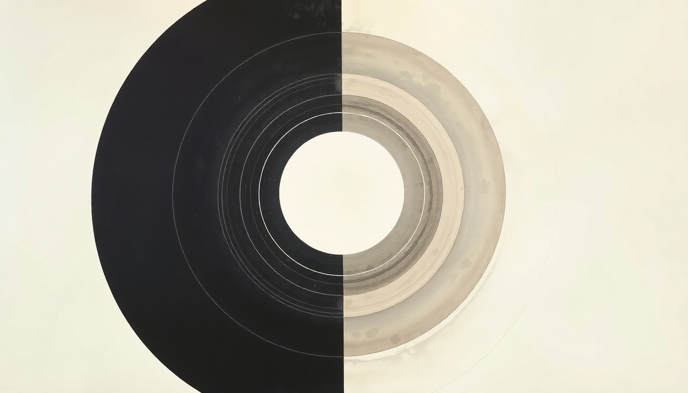 A bold, abstract painting in soft blues, greens, and oranges, depicting the intricate alignment of the sun, moon, and Earth during a total lunar eclipse, conveying the structural order of the universe through sweeping geometric shapes and precise celestial spirals.