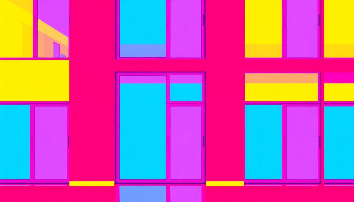 A brightly colored, high-contrast silkscreen print of a large sliding glass door, repeated in a tight grid pattern, capturing the modern and vibrant aesthetic of the Panoramic House extension.
