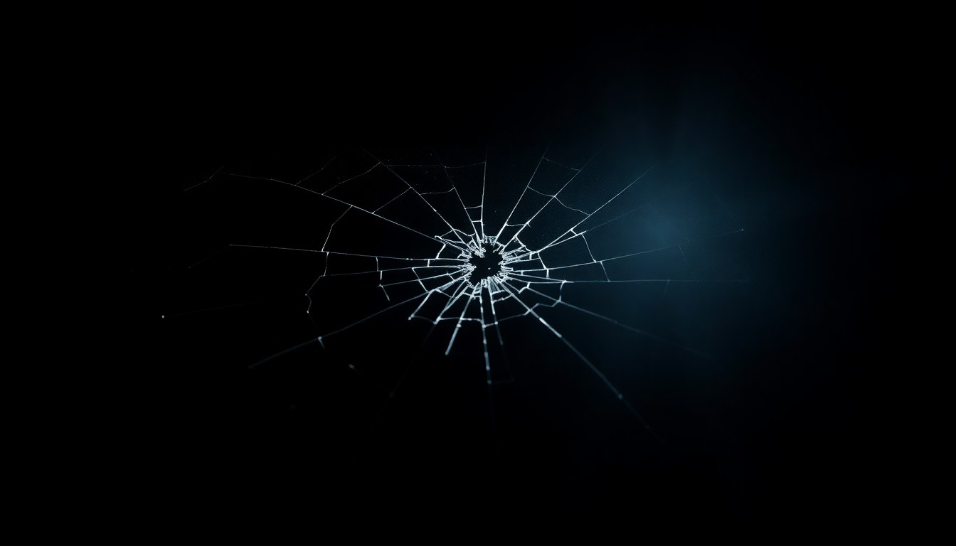 An extreme close-up photograph of a cracked car windshield, capturing the stark, gritty aftermath of a violent incident and conceptually representing the disturbing nature of the alleged crimes.
