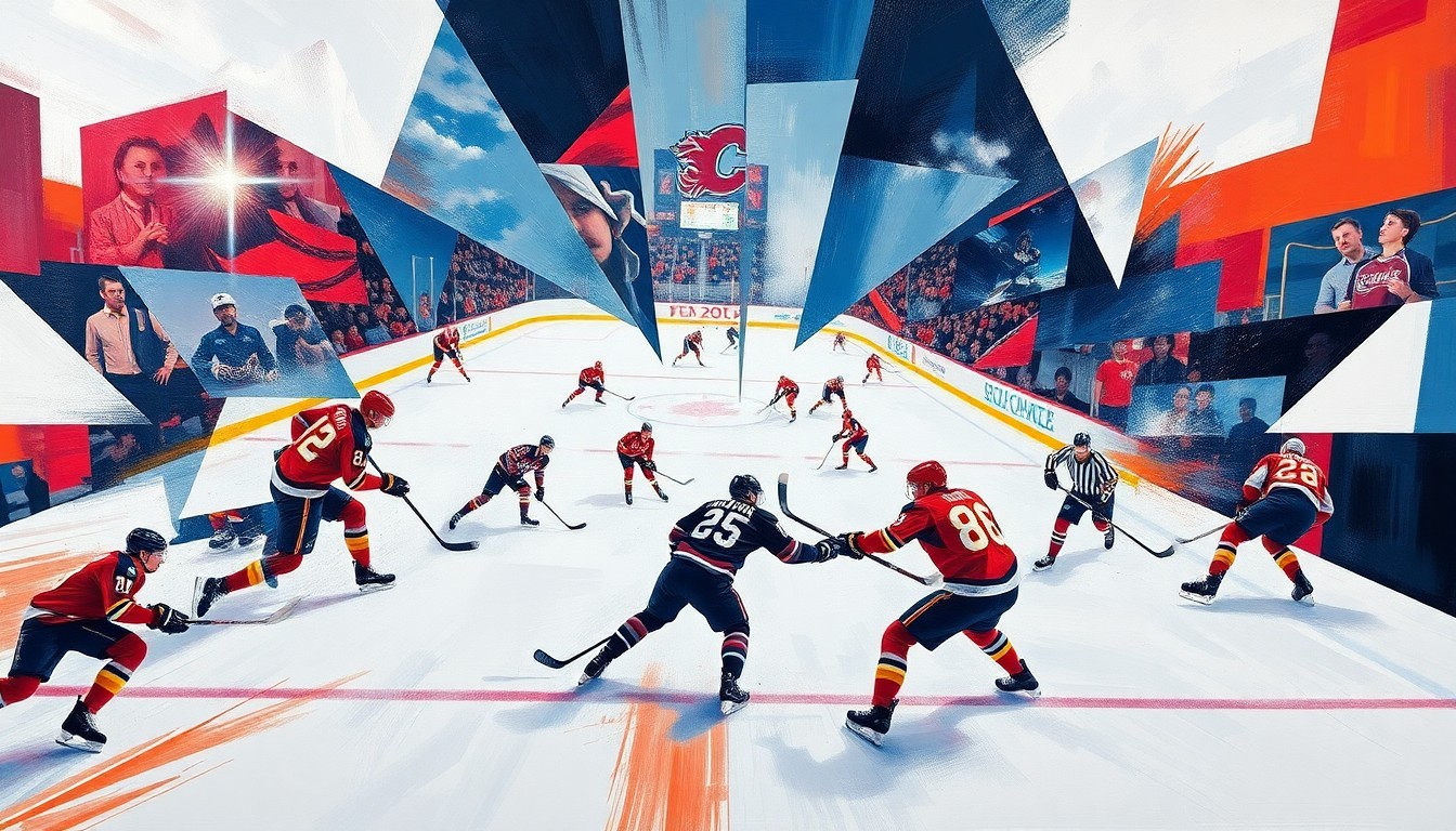 A fragmented, geometric painting depicting a hockey game between the Calgary Flames and Colorado Avalanche, with the players and action on the ice broken down into sharp, overlapping planes of color and form, creating a dynamic, abstract composition.