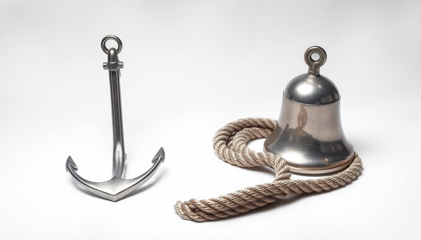 A photorealistic studio still life featuring a polished metal anchor, a coil of thick rope, and a gleaming metal ship's bell arranged elegantly on a clean white background, conceptually representing the modernization and increased capacity of the Portland Harbor.