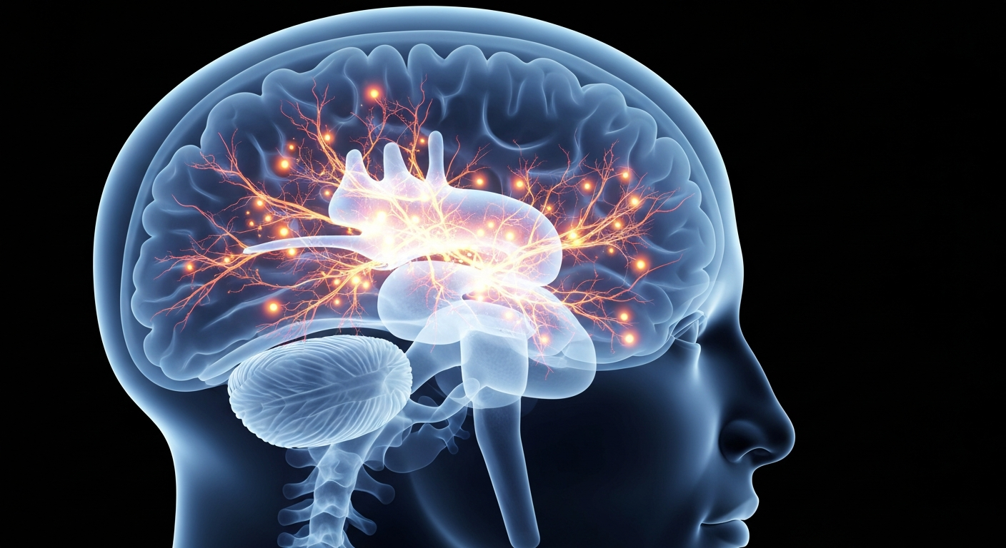 A translucent, ghostly X-ray image of a human brain, with glowing neural pathways and structures representing the complex interplay between sleep and growth hormone regulation, conveying the clinical yet serene nature of this biological process.