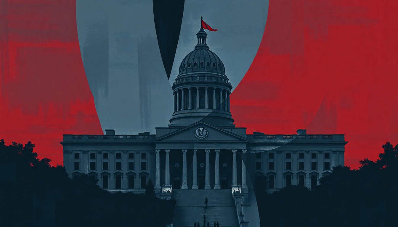 A fractured, abstract painting featuring overlapping geometric shapes in shades of navy, gray, and red, representing the instability and tension surrounding the DHS investigation.