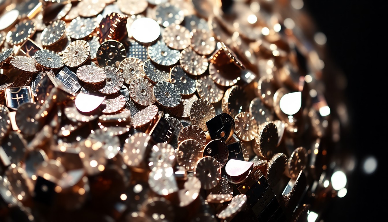 An extreme close-up photograph of shimmering sequins and glittering disco ball fragments, reflecting dramatic studio lighting to create a high-fashion, glamorous aesthetic without any literal objects, people, or text.