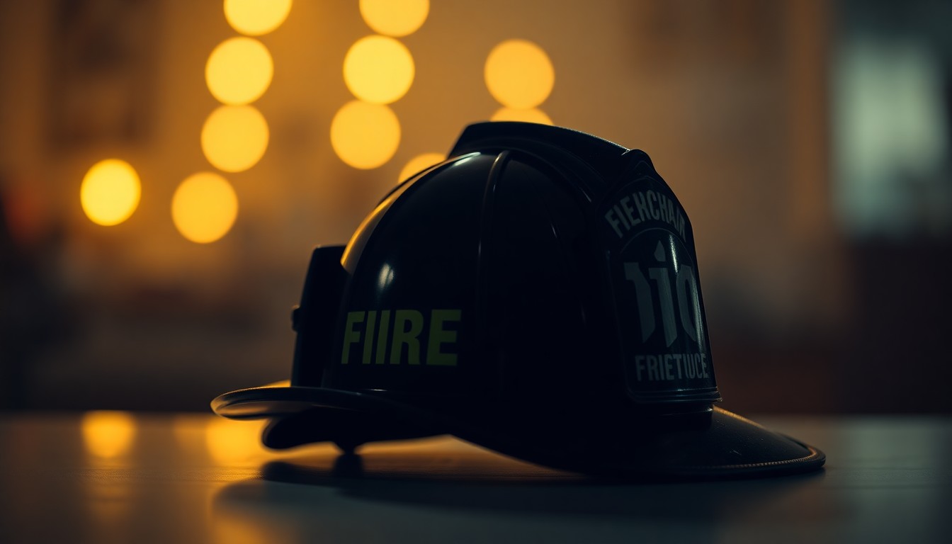 An extremely abstracted, out-of-focus photograph of a firefighter's helmet sitting on a table, surrounded by soft, warm-toned pools of light, conveying a sense of melancholy and the human impact of inadequate emergency services.