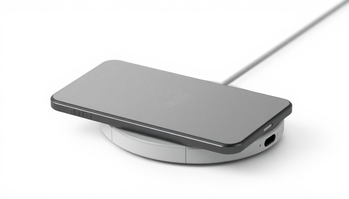 An extreme close-up of a minimalist, geometric IKEA wireless charger in matte white and silver, conceptually representing the practical and accessible design of the product.
