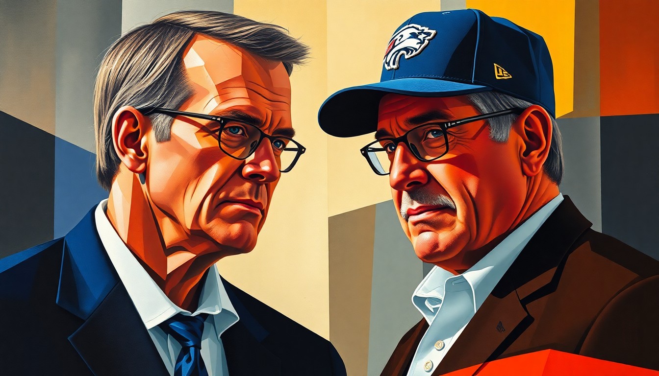 A fractured, multi-perspective painting in the style of Pablo Picasso, breaking down the strategic partnership between a young head coach and his veteran mentor into sharp, overlapping geometric planes, conceptually representing the adaptability and resilience needed to turn around a struggling sports team.