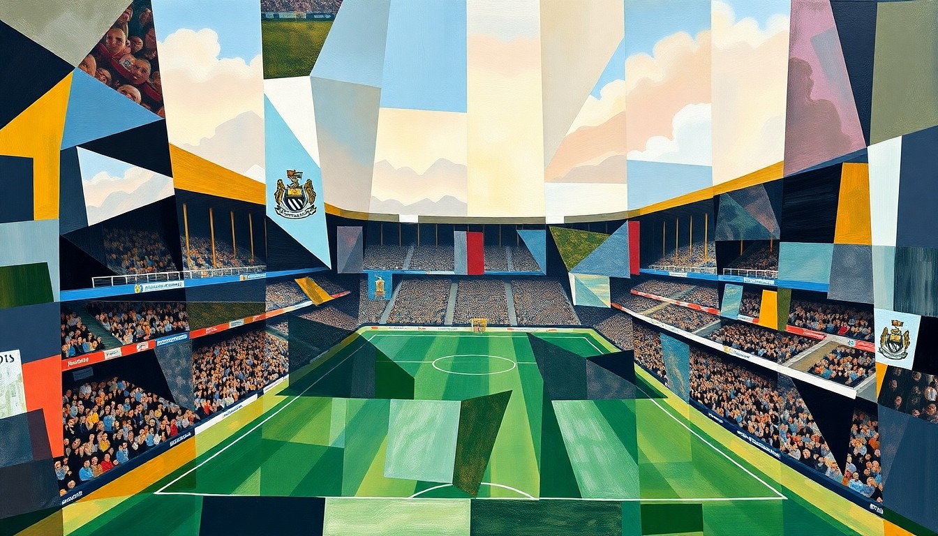 A fractured, multi-perspective painting depicting a Premier League football match between Manchester City and Newcastle, with the players and the field broken down into sharp, overlapping geometric shapes and planes in a cubist style.