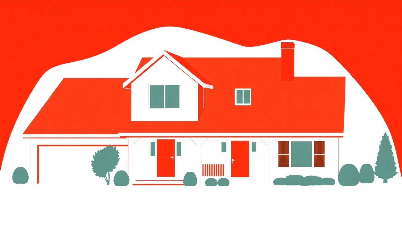 A striking, minimalist illustration featuring bold, jagged shapes in shades of red and white, conceptually representing the iconic Brady Bunch house as a symbol of American pop culture history.