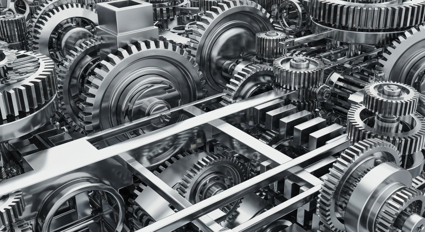 A highly detailed, cinematic close-up of heavy, industrial banking and financial machinery, conveying the complex, powerful systems that underpin the biotech sector.