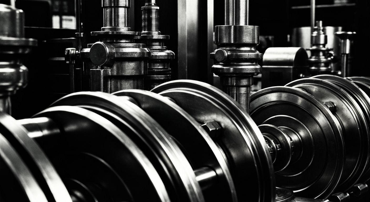 A highly detailed, black-and-white close-up image of the inner workings of heavy industrial banking machinery, conveying a sense of the complex, powerful systems that enable financial transactions and investments.