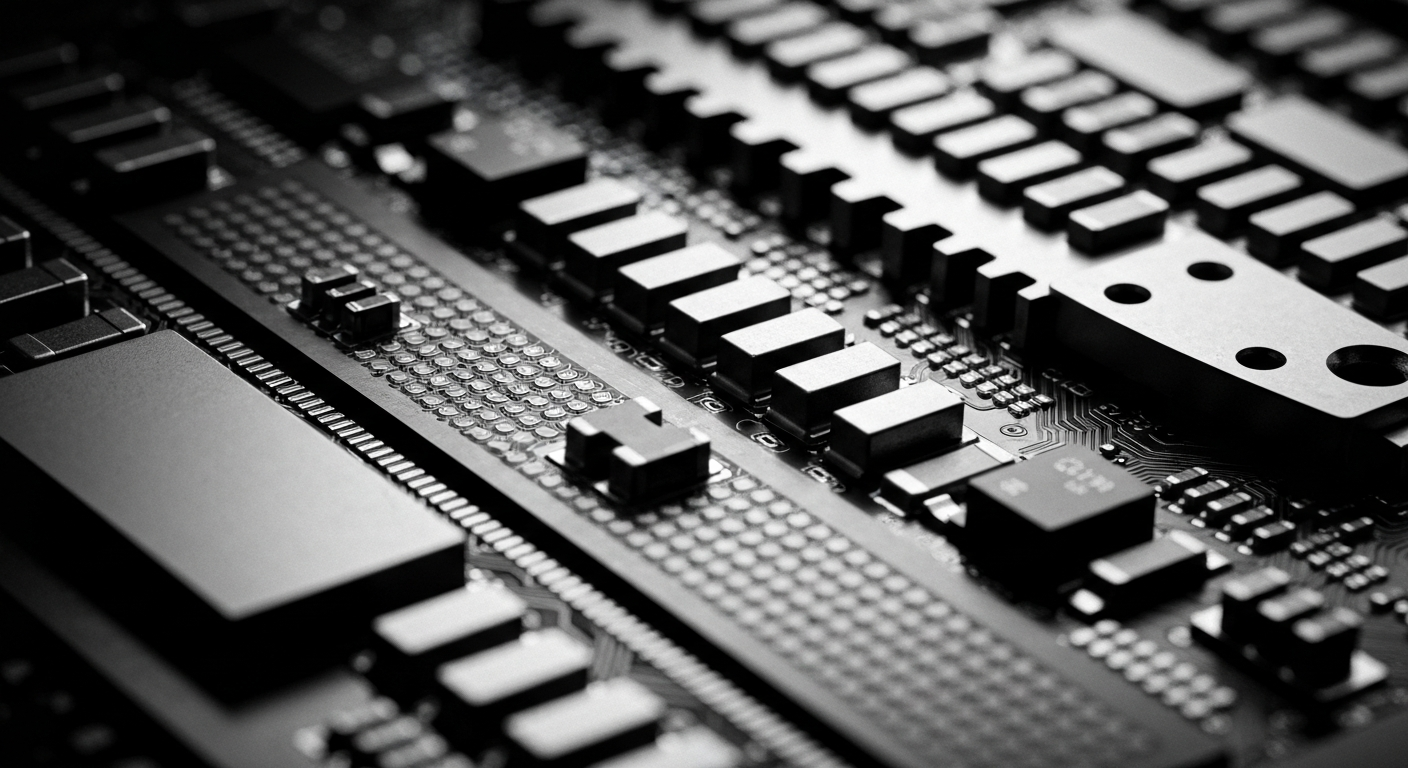 A high-contrast, cinematic close-up of the intricate inner workings of an Intel processor chip, conveying the power and complexity of modern semiconductor technology through its industrial, textural details.