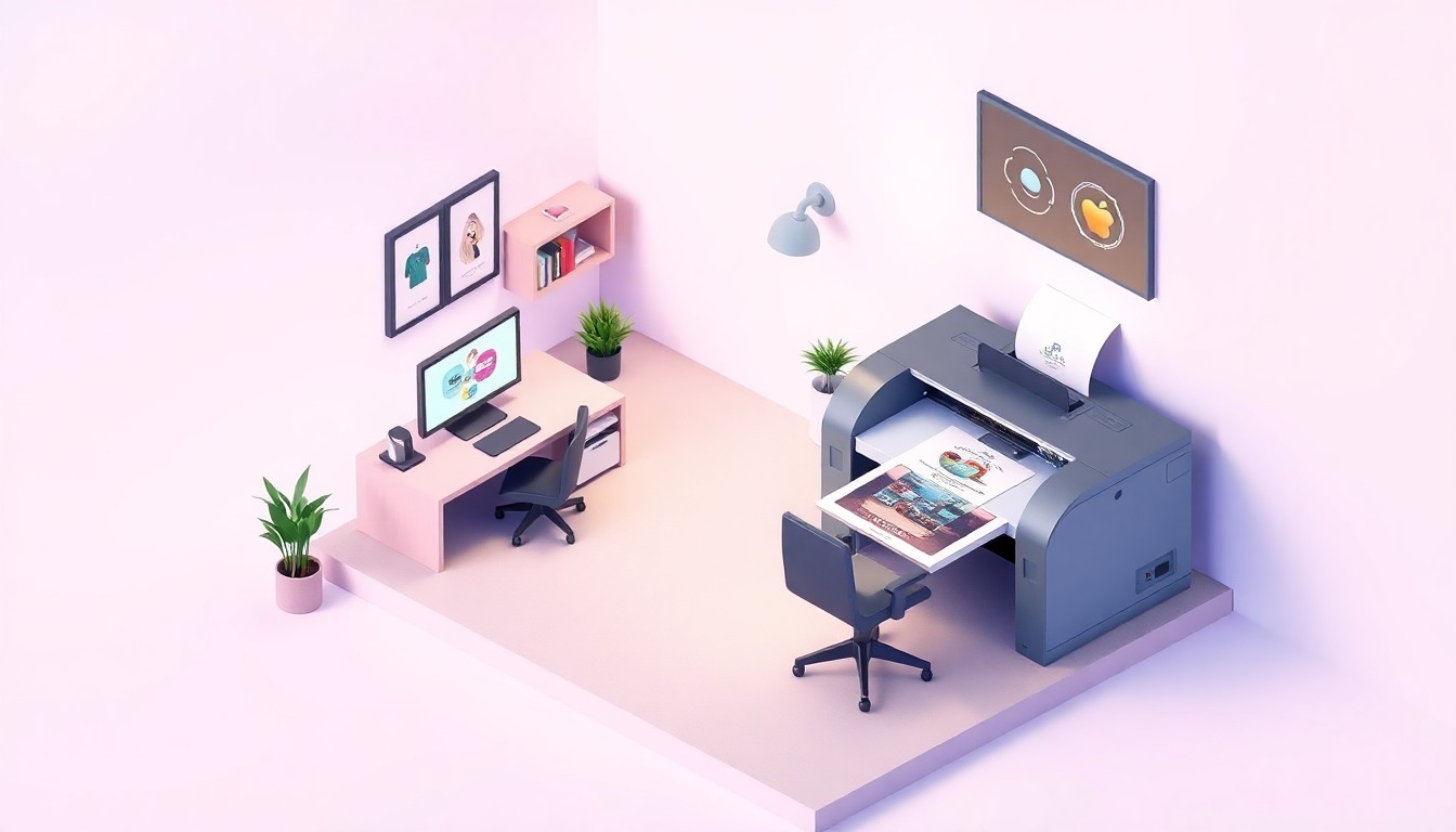 A miniature, stylized 3D illustration of a home office with a desktop computer and 3D printer, representing the accessibility and flexibility of DTF printing for small-scale entrepreneurs.
