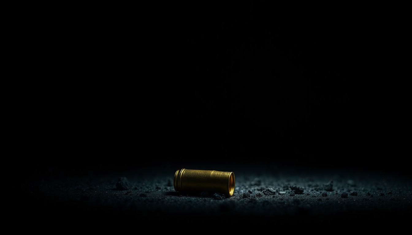 An extreme close-up of a single spent shell casing on the ground, lit by a harsh camera flash against a dark background, conveying the gritty, investigative nature of the crime scene.
