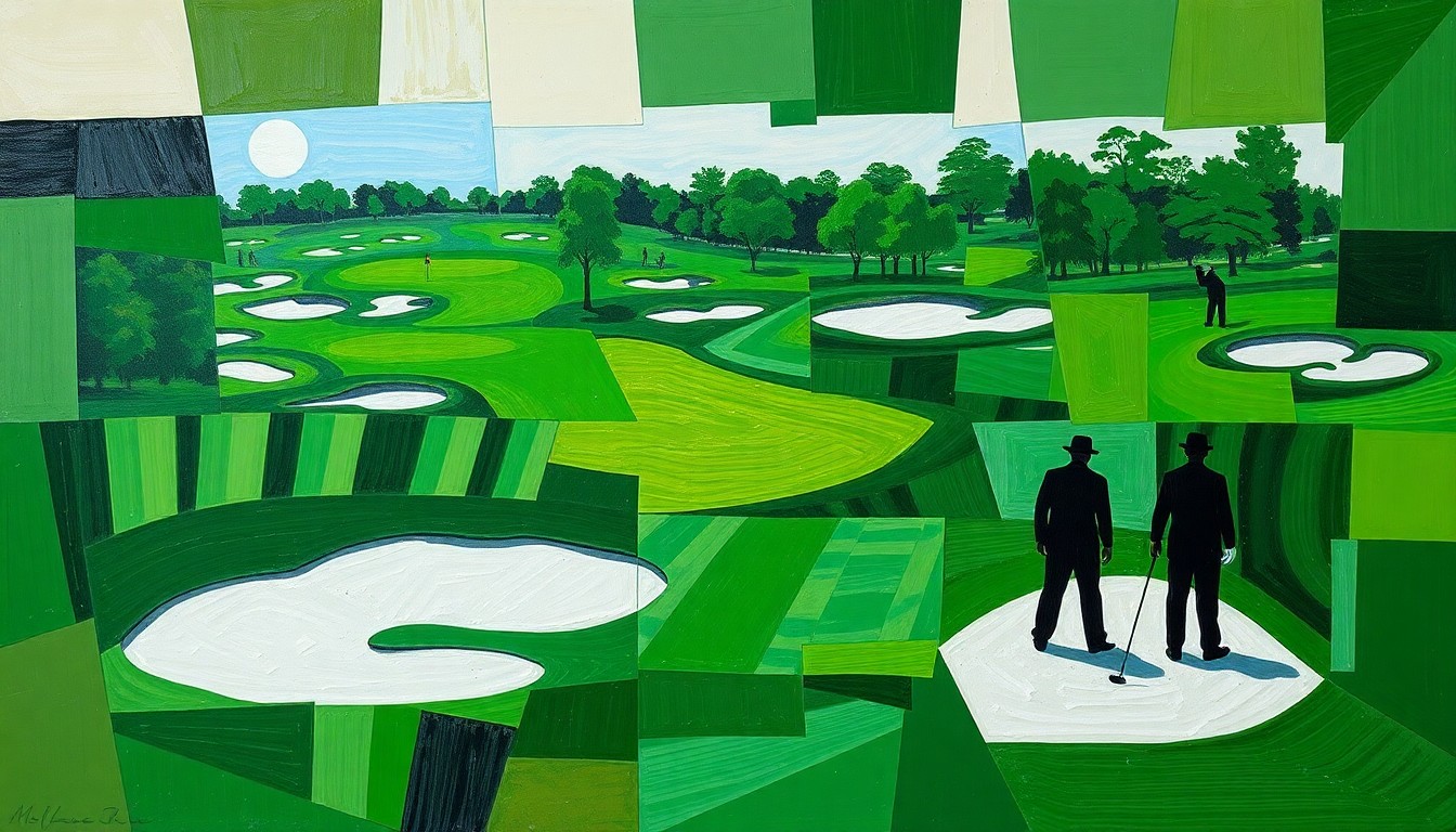 A cubist, geometric painting depicting the Masters golf tournament, with overlapping planes of green fairways, white bunkers, and silhouetted players, conveying the competitive energy of the event.