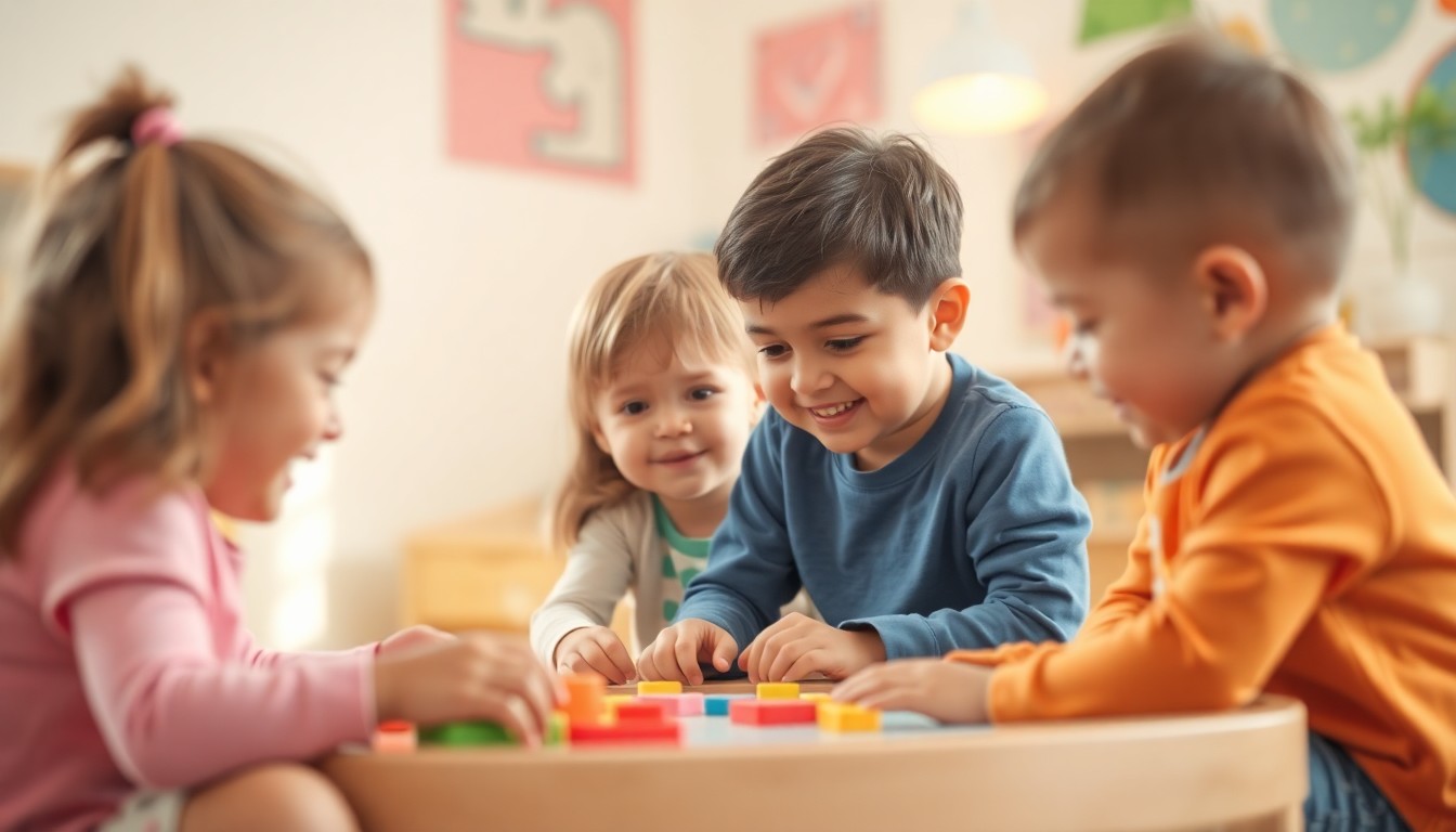 An abstract, out-of-focus photograph in soft, pastel tones showing the blurred silhouettes of young children engaged in play and learning activities, conveying the nurturing atmosphere of an early childhood education setting.