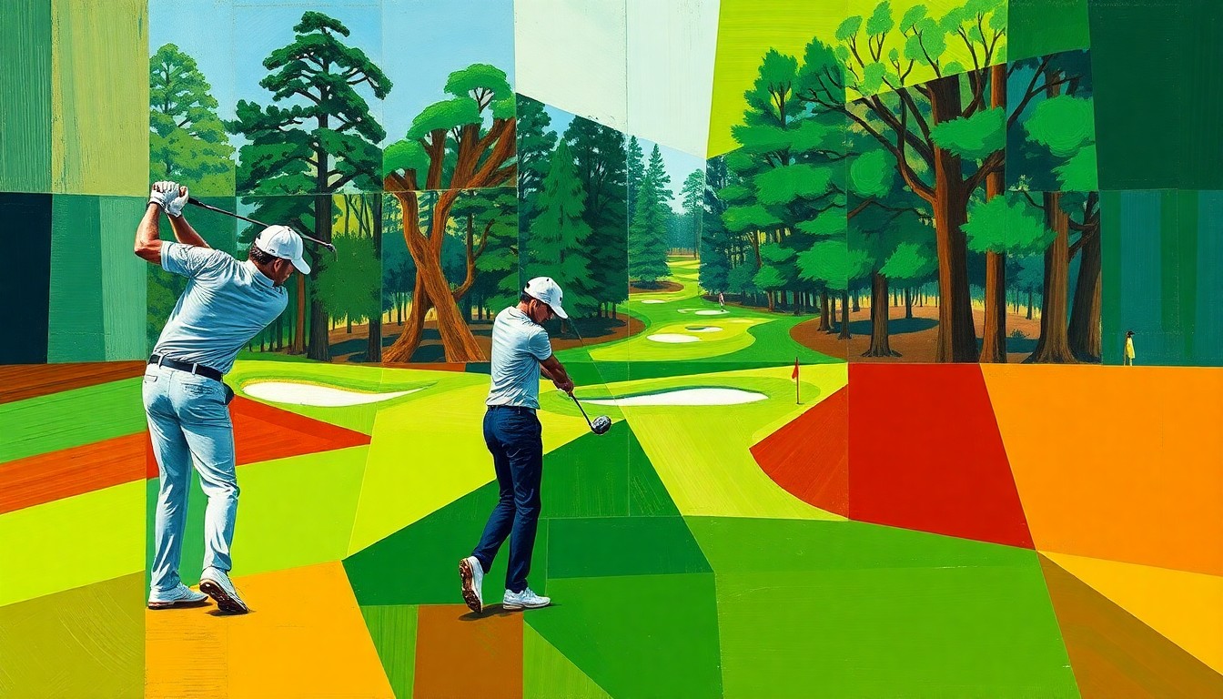 A fragmented, geometric painting depicting a golfer's swing and approach shot at Amen Corner, with overlapping planes of color representing the course's hazards and undulations.