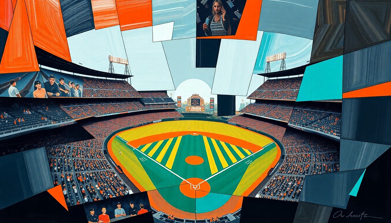 A fragmented, geometric painting depicting a baseball game in progress, with sharp planes of color and overlapping perspectives conveying the intensity of the competition between the two teams.