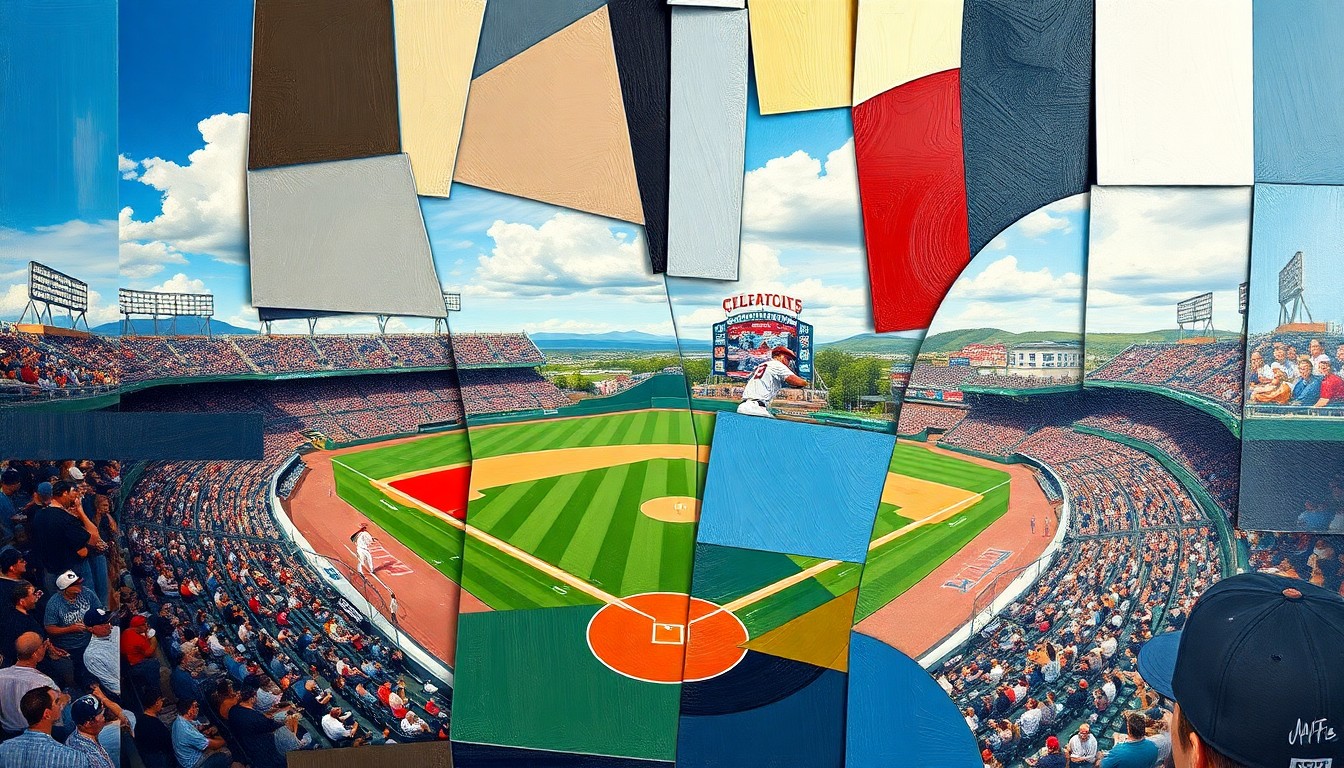 A fragmented, geometric painting depicting a baseball game in motion, with players and field elements broken down into sharp, angular shapes and planes of color.
