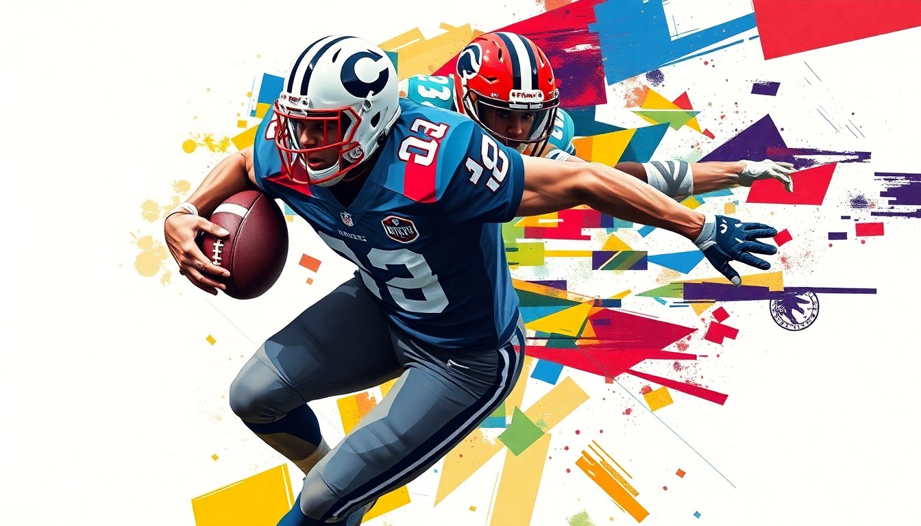 A fragmented, geometric painting depicting the explosive running motion of a football player, with sharp planes of burgundy, gold, and white colors representing the Washington Commanders' team palette.