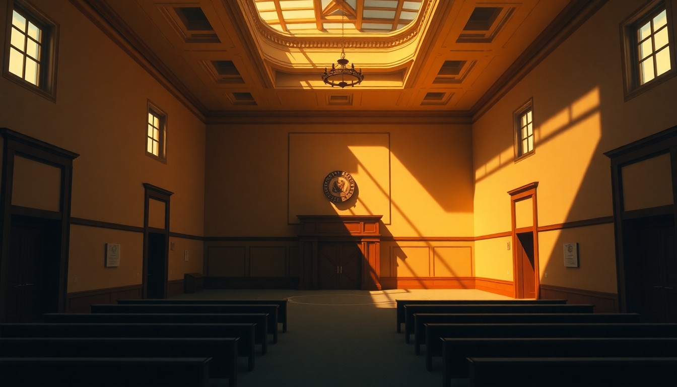 A serene, painterly scene of an empty Montana state courthouse interior, with warm sunlight streaming through tall windows and deep shadows cast across the marble floors and wooden benches, conveying a sense of quiet contemplation about the high-stakes judicial election.