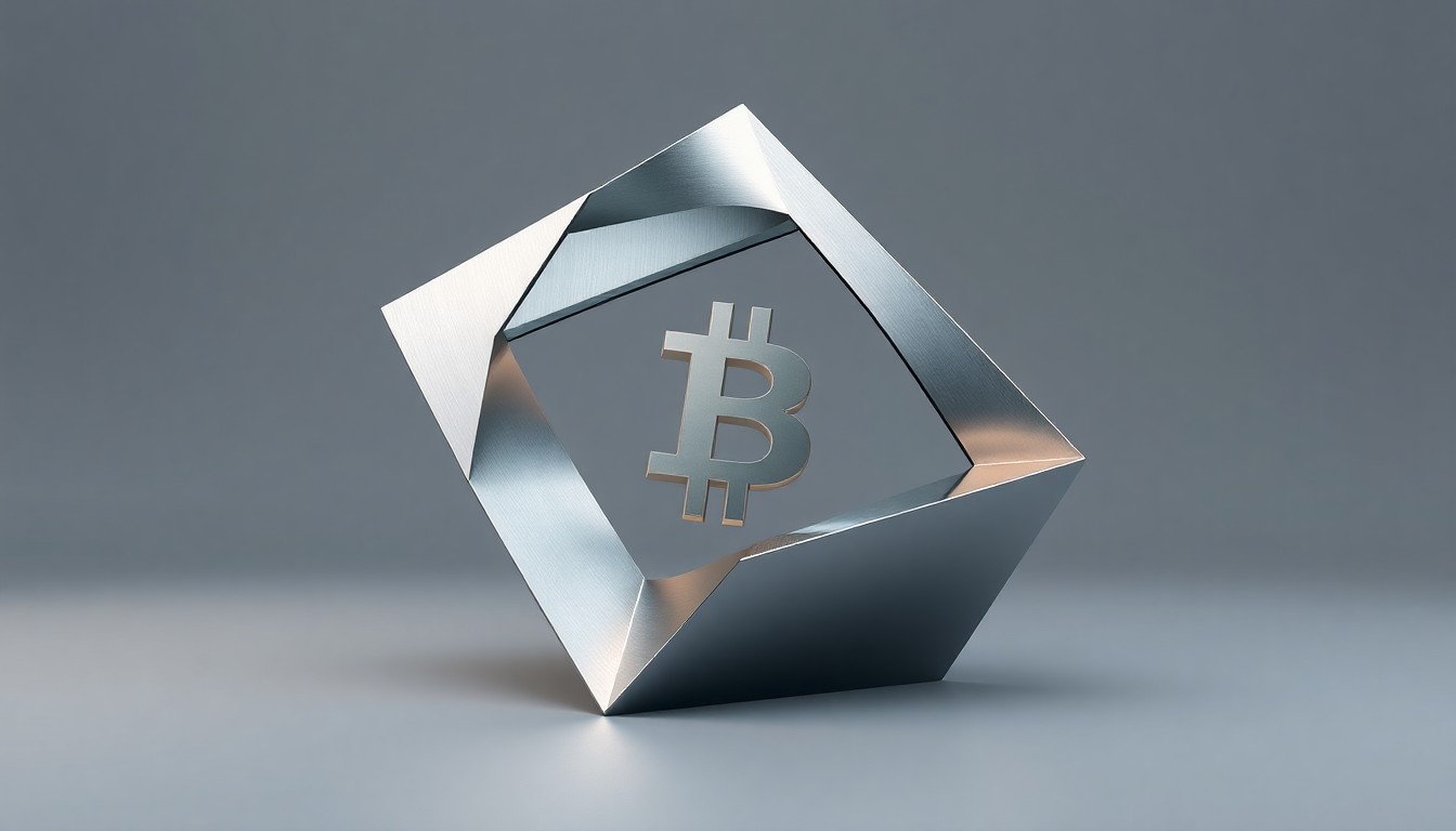 A highly reflective, geometric sculpture made of brushed aluminum and glass, capturing the abstract concepts of cryptocurrency, blockchain technology, and financial innovation in a clean, premium visual style.