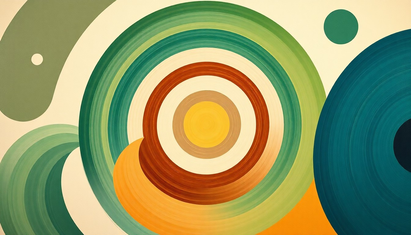 A bold, highly structured abstract painting featuring sweeping geometric arcs, concentric circles, and precise botanical spirals in earthy tones of green, brown, and blue, conceptually representing the interconnectedness of renewable energy solutions and environmental justice for Latino communities in New Mexico.