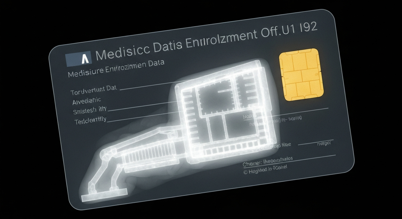A translucent, ghostly X-ray image of a Medicaid enrollment card, with the internal structure of the card glowing against a dark background, conceptually representing the analytical investigation into Medicaid data.