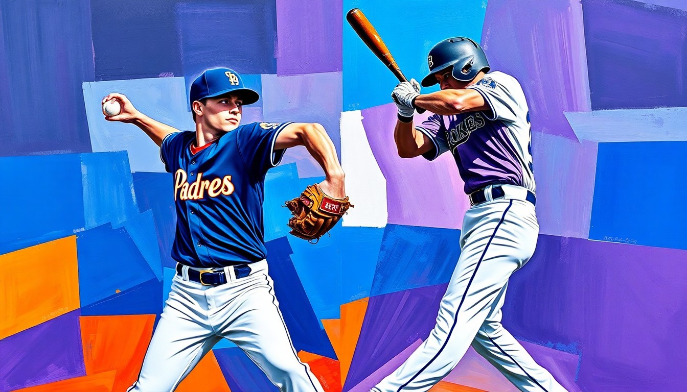 A fractured, geometric painting depicting the explosive motion of a baseball pitcher's delivery and a batter swinging, with vibrant colors representing the uniforms of the opposing teams.