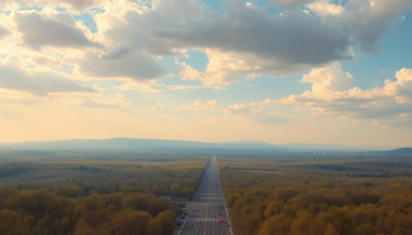 A vast, atmospheric landscape painting in muted tones of blue, green, and gold, with the distant outline of a city skyline and the faint silhouette of a winding road cutting through rolling hills, capturing the grand scale and serene beauty of the Boston Marathon course.
