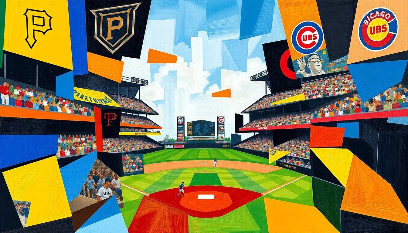 A fragmented, geometric painting depicting a baseball game between the Pittsburgh Pirates and Chicago Cubs, with sharp planes of color representing the players and field of play.