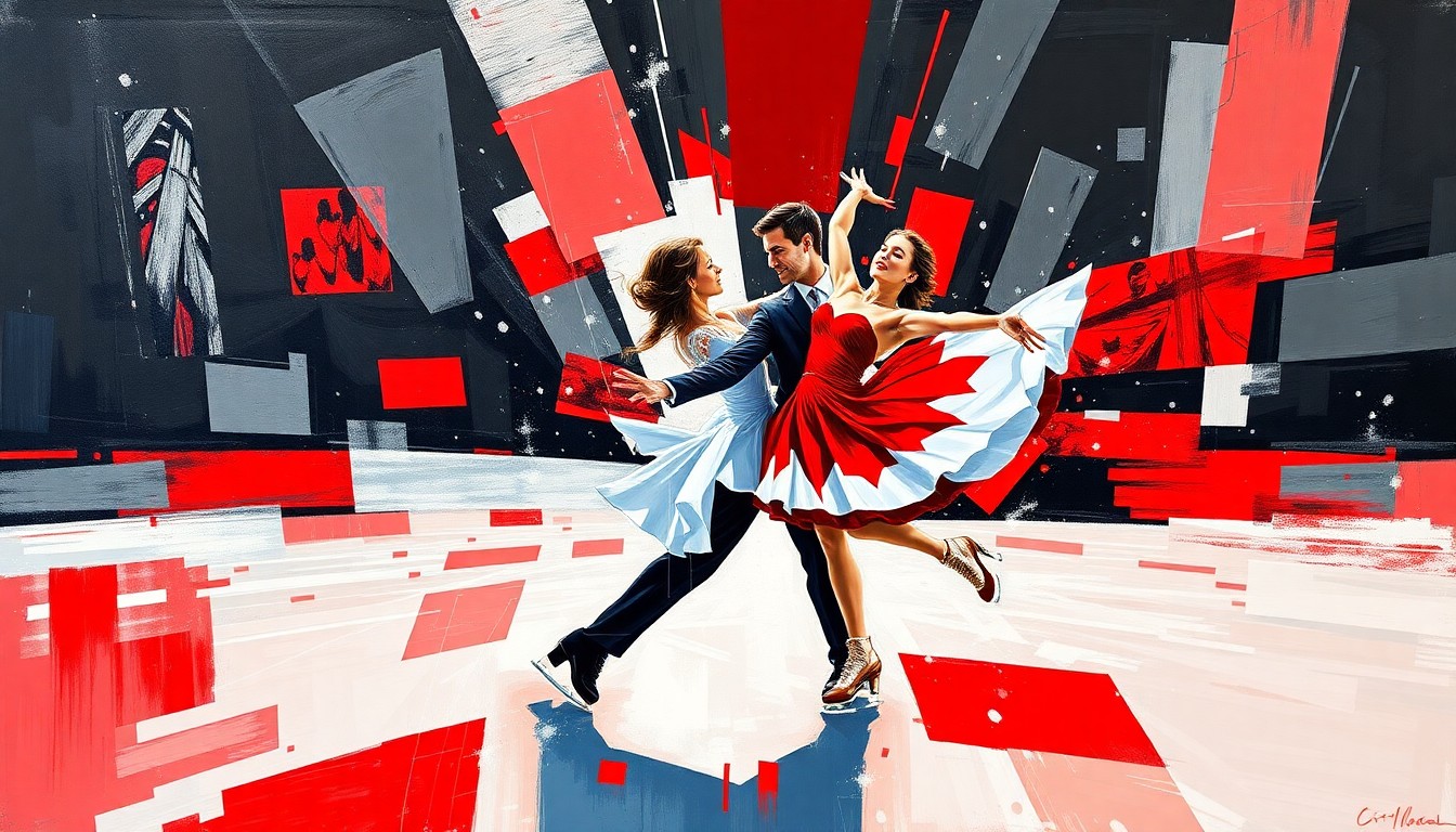 A fragmented, geometric painting in bold colors of red, white, and black, depicting the dynamic movements and energy of an ice dance performance through Picasso-esque cubist style.