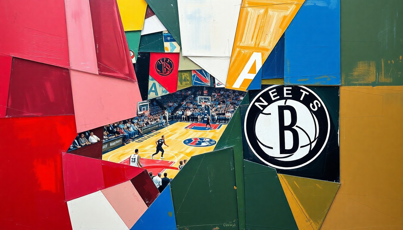 A fractured, multi-perspective painting featuring sharp, overlapping geometric shapes in vibrant colors, representing the dynamic action and strategic complexity of a basketball game between the Washington Wizards and Brooklyn Nets.