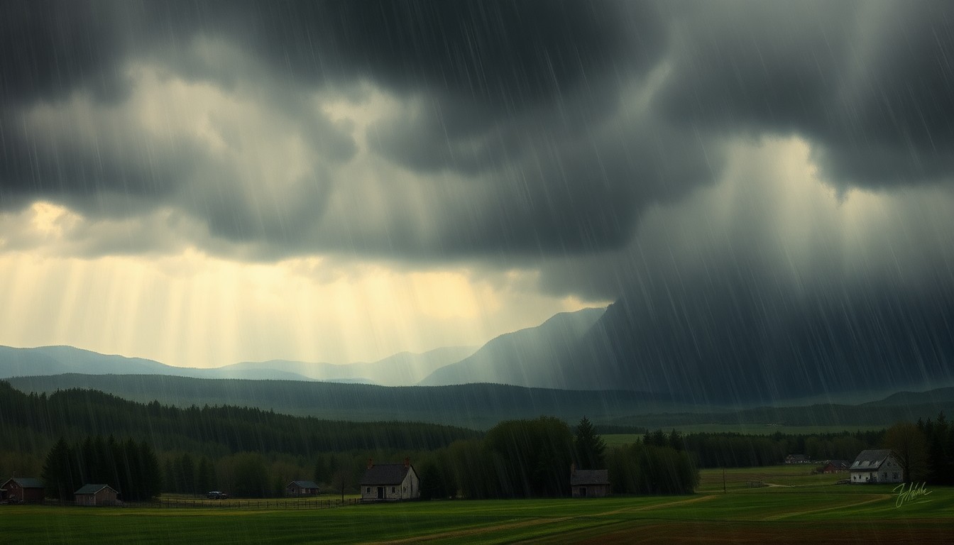 A sweeping, atmospheric landscape painting depicting a rural Vermont scene shrouded in a veil of heavy rain and dramatic, swirling clouds, conveying the overwhelming power of the approaching storm.