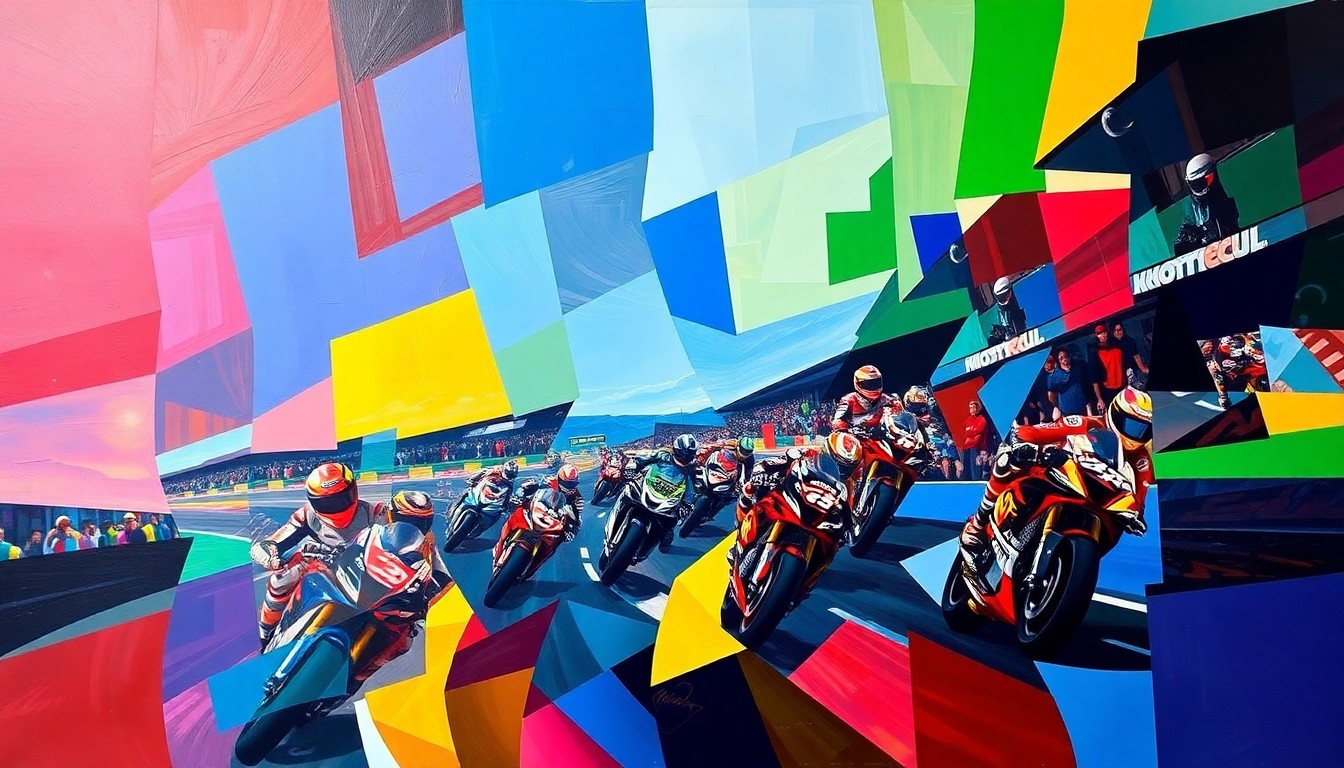 A cubist-style painting featuring overlapping geometric shapes and planes in bright, vibrant colors, capturing the dynamic and intense nature of a MotoGP race scene without any identifiable elements.