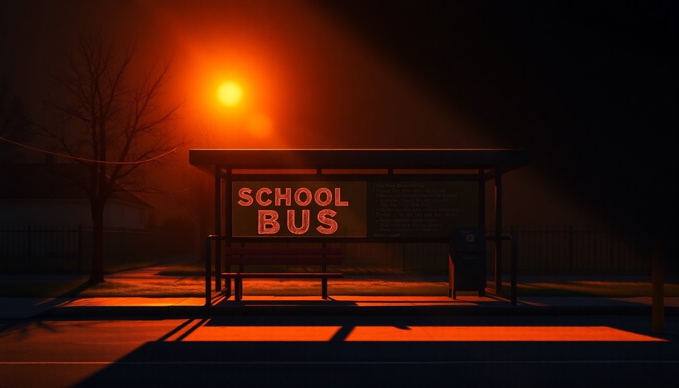 A serene, photorealistic painting of an empty school bus stop on a sunny day, with long shadows cast across the pavement, conveying a sense of quiet unease and the impact of federal immigration policies on local communities.