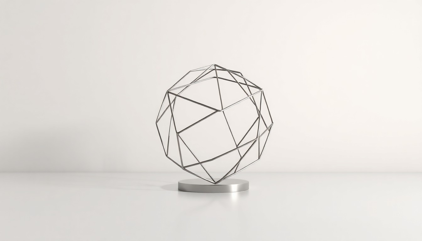 A minimalist, photorealistic studio still-life photograph featuring a polished, geometric metal sculpture representing the abstract concept of global financial markets, arranged on a clean, monochromatic background with dramatic lighting and deep shadows.