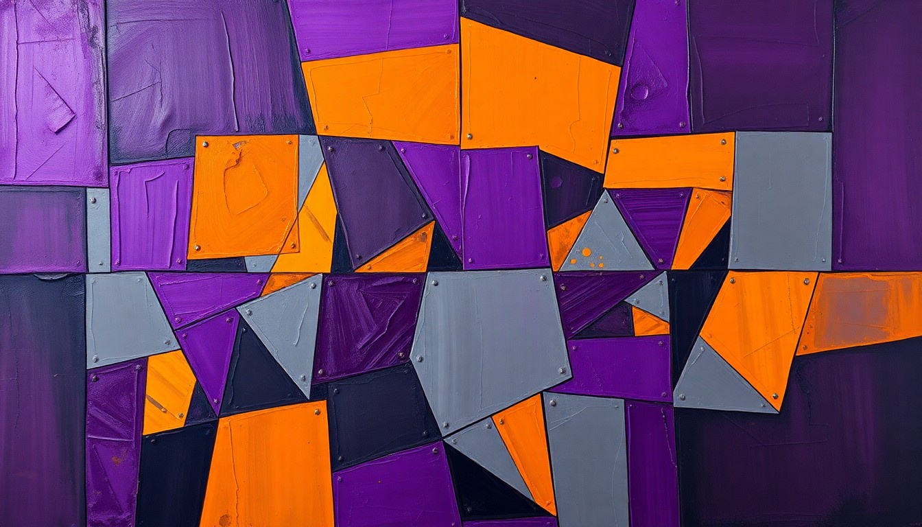 A fragmented, cubist-style painting depicting the silhouettes of football players in a defensive line formation, broken down into sharp, overlapping geometric shapes in deep purple, steel grey, and burnt orange tones, conveying the strategic complexity and intensity of the Ravens' defensive moves.