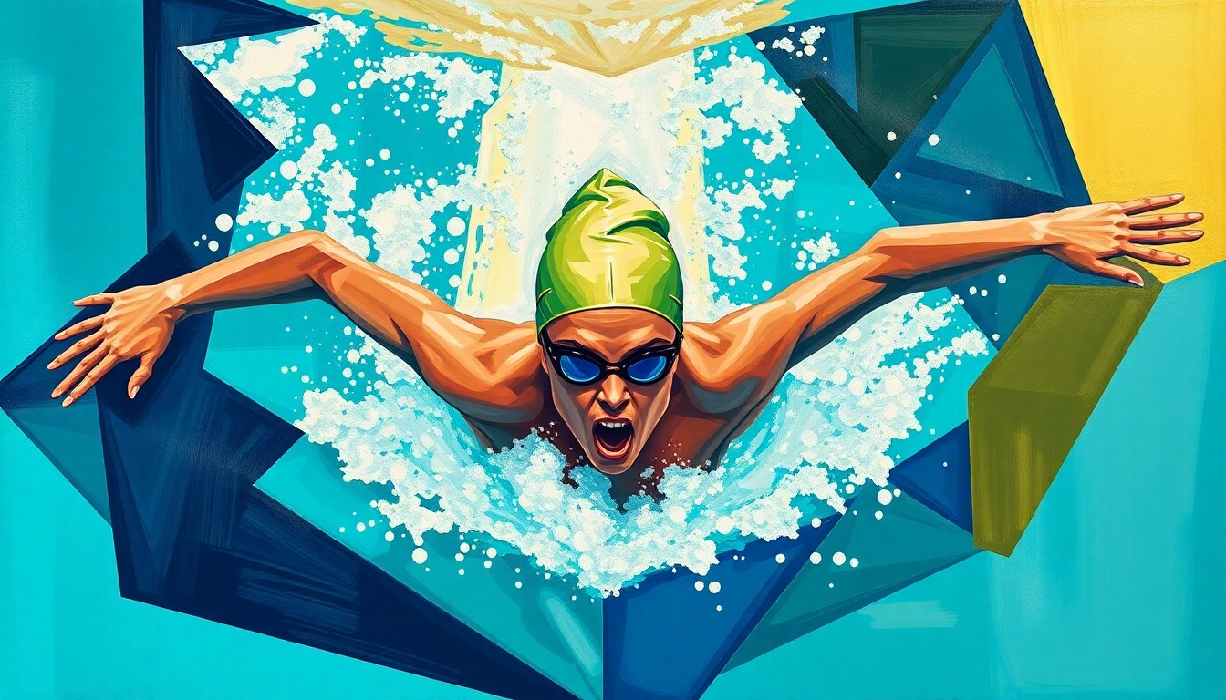 A fragmented, geometric painting depicting the motion and energy of a swimmer, with overlapping planes of teal, navy, and gold colors representing the determination and resilience of Shayna Jack's comeback.