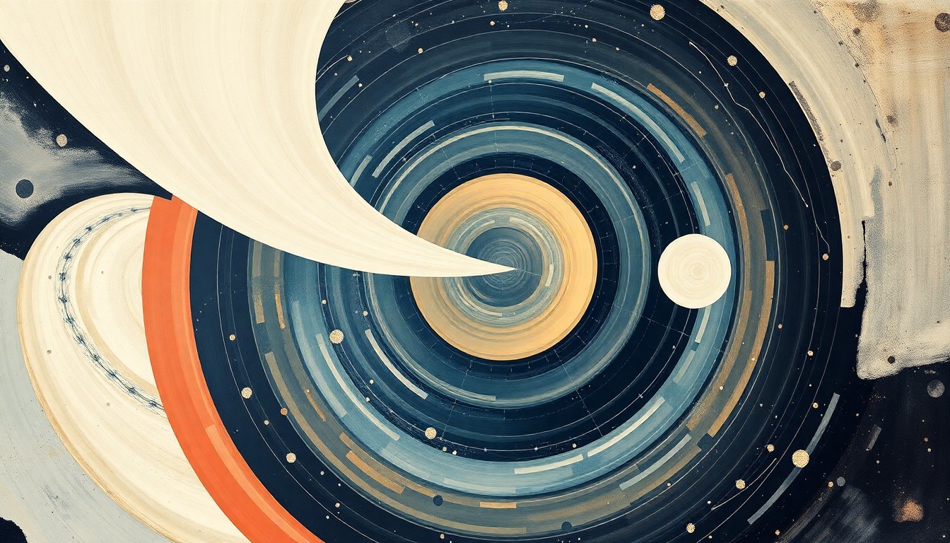 A bold, highly structured abstract painting in soft, flat colors featuring sweeping geometric arcs, concentric planetary circles, and precise botanical spirals, conveying the structural order and complex forces of space exploration without using any text or symbols.