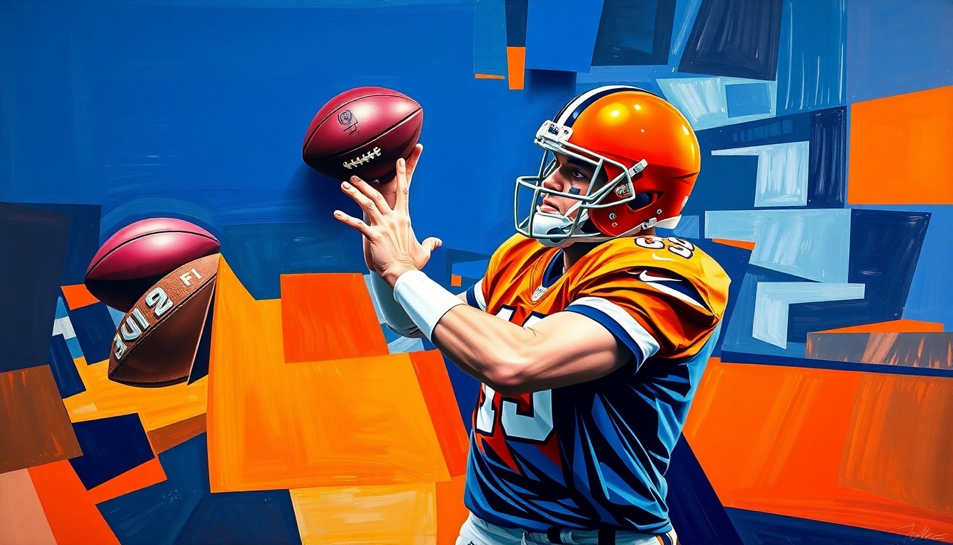 A fractured, cubist-style painting depicting a quarterback's throwing motion and the energy of a pro day workout, with sharp geometric planes in vibrant colors representing the team uniforms mentioned in the story.