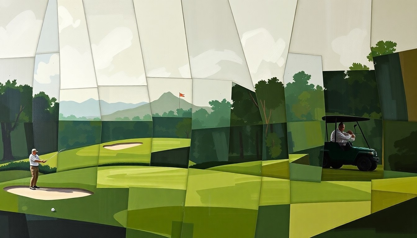 A cubist, geometric painting depicting a fragmented, multi-angled view of a golf tournament, with sharp planes of muted greens, browns, and grays representing the natural setting of the course.