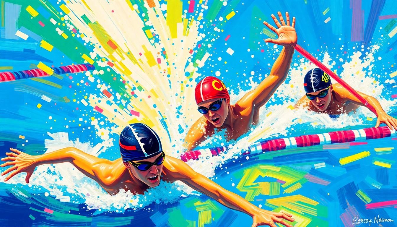 An abstract, expressionist painting in neon colors depicting the dynamic movements and energy of young swimmers competing in a swim race, their faces and bodies blurred into vibrant brushstrokes.