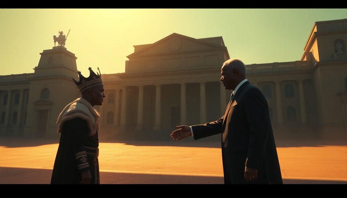 A serene, cinematic painting depicting King Charles III and the Nigerian president shaking hands in front of a stately government building, the scene bathed in warm, golden light and deep shadows, conveying a sense of diplomatic formality and cultural exchange.
