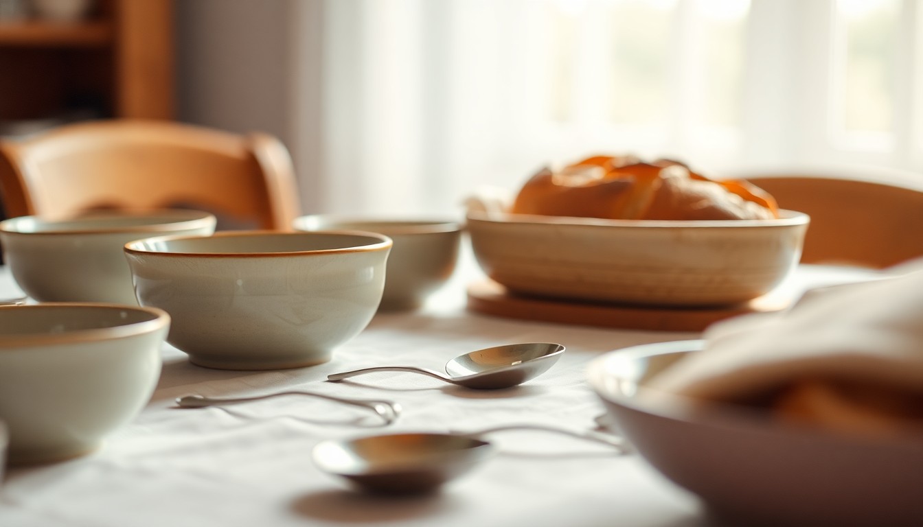 An extremely abstracted, out-of-focus photograph of a table setting with ceramic bowls, spoons, and a loaf of bread, all bathed in warm, diffused light, conceptually representing the comfort and community of the Empty Bowls event.