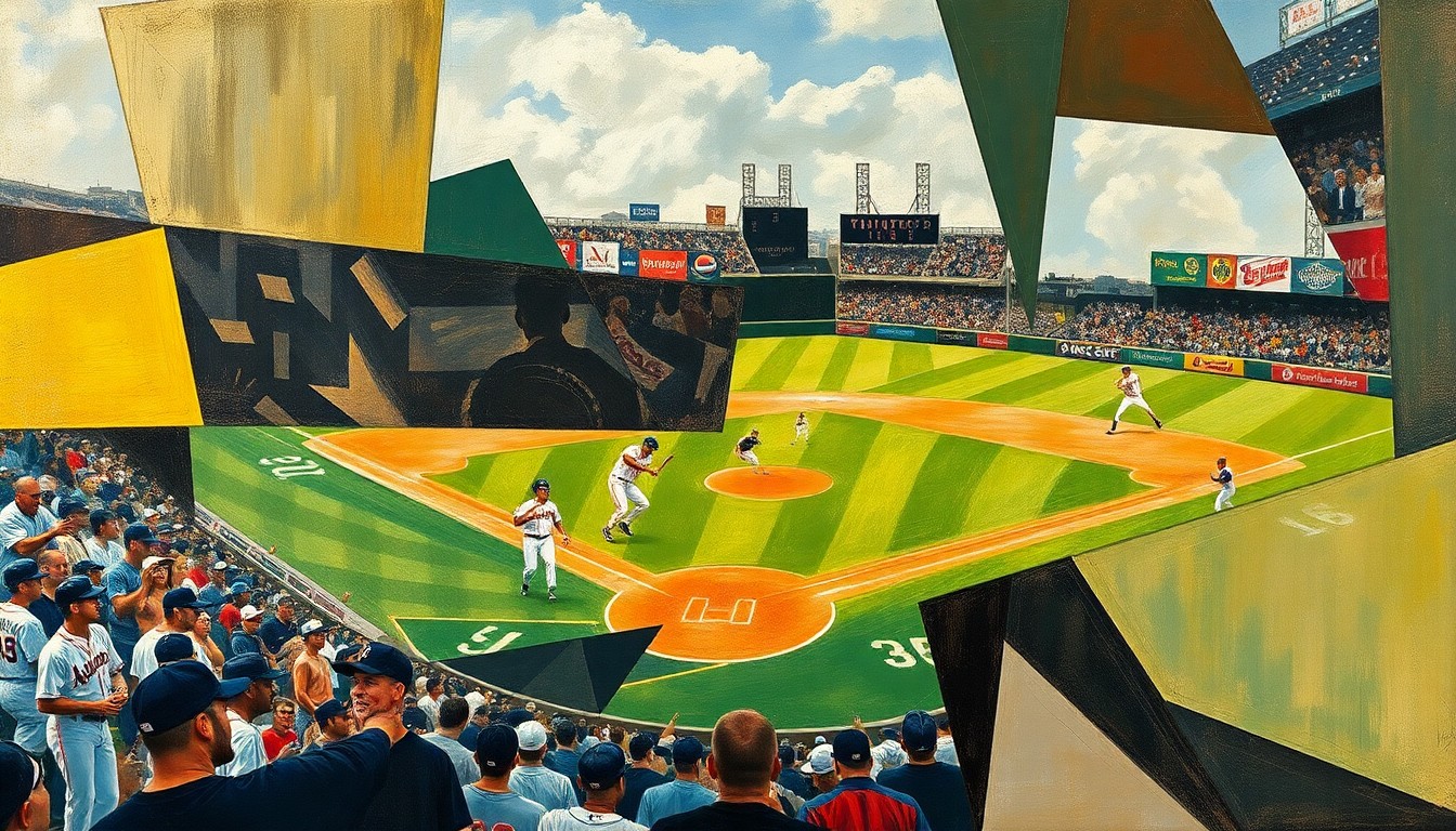 A fragmented, geometric painting depicting a baseball game or match, with the players and field broken down into sharp, overlapping planes of color and abstract shapes, conveying the complexity and high stakes of the Phillies' decision on signing Bo Bichette.
