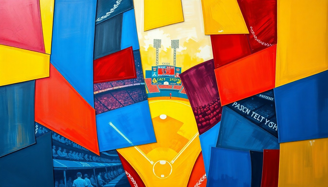 A fragmented, geometric painting depicting a baseball game in progress, with overlapping shapes and planes of color representing the various teams and players vying for supremacy in the 2026 MLB season.